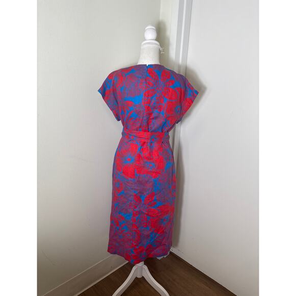 Hobbs Blue Red Cap Sleeve V-Neck Linen Midi Dress Sz 8 - Picture 3 of 4